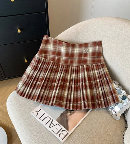 Vintage Brown Plaid Preppy Style Spring Summer Women A-line Short Pleated Skirt Y2k Red Patchwork High Waist Mini Skirt Harajuku