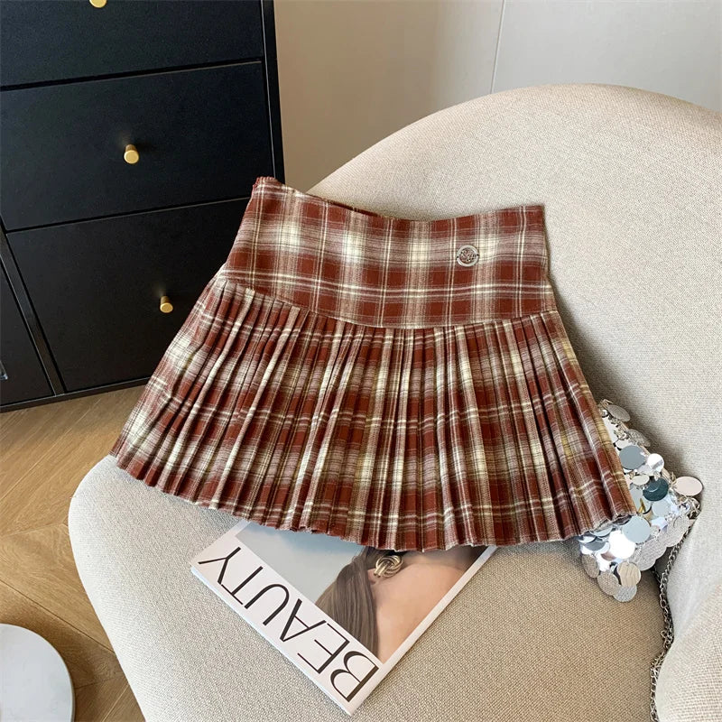 Vintage Brown Plaid Preppy Style Spring Summer Women A-line Short Pleated Skirt Y2k Red Patchwork High Waist Mini Skirt Harajuku