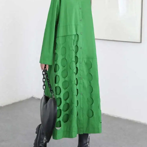 Load image into Gallery viewer, Women Black Hollow Out Big Size Midi Shirt Dress New Lapel Long Sleeve Loose Fit Fashion Tide Spring Autumn 2025 1DF6037
