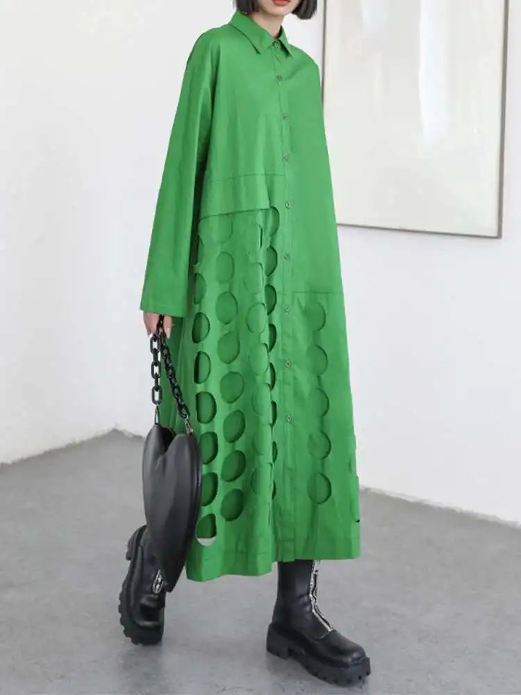 Women Black Hollow Out Big Size Midi Shirt Dress New Lapel Long Sleeve Loose Fit Fashion Tide Spring Autumn 2025 1DF6037