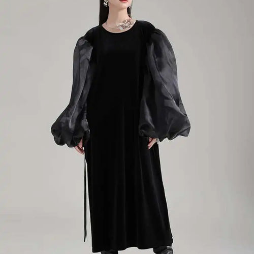 Load image into Gallery viewer, Women Black Organza Velvet Elegnat Big Size Dress New Round Neck Long Puff Sleeve Fashion Tide Spring Autumn 2025 1DH2248
