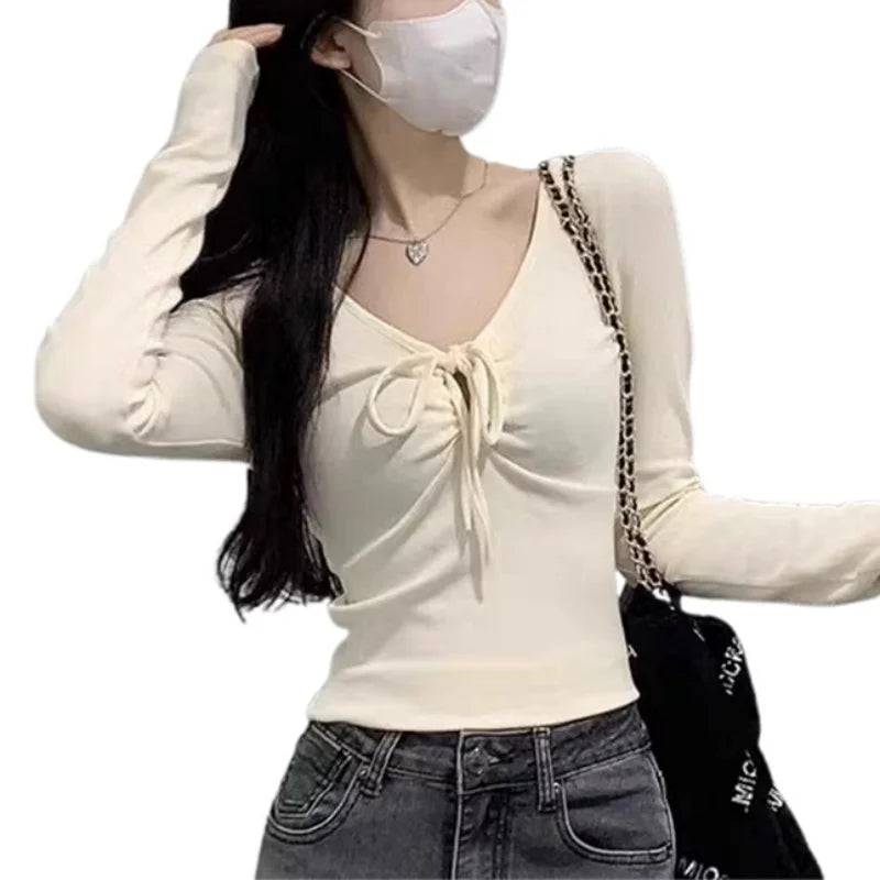 y2k Tops Women Aesthetic Clothing Solid Color V Neck Long Sleeve Cropped T Shirts 2000s Coquette Clothes Streetwear