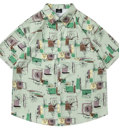 Summer Hawaiian Shirt Harajuku Graffiti Graphic Printed Button Up Beach Blouse Men Hip Hop Casual Baggy Short Sleeve Shirts Tops