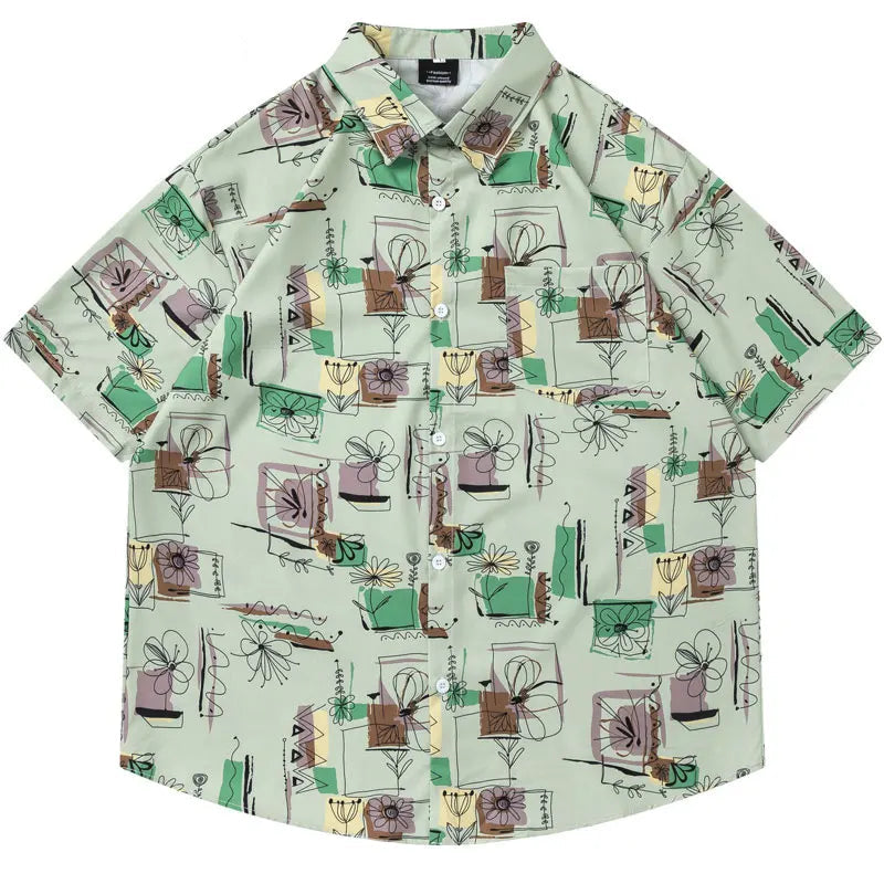 Summer Hawaiian Shirt Harajuku Graffiti Graphic Printed Button Up Beach Blouse Men Hip Hop Casual Baggy Short Sleeve Shirts Tops