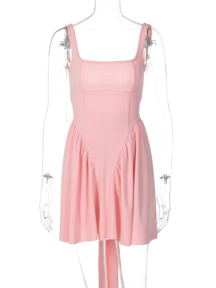 Elegant Backless Bow Mini Dress For Women 2023 Autumn New Square Collar Sleeveless Ruffles Sexy Dress Vintage Fashion