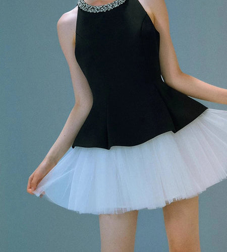 Hit Color Spliced Mesh Elegant Mini Dresses for Women Round Neck Sleeveless High Waist Patchwork Bead Dress Female