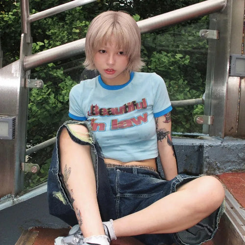 Load image into Gallery viewer, Japanese Y2k Letter Print T-shirt Vintage Harajuku Patchwork Crop Top 2000s Style Short Sleeve Tee Shirt American Retro
