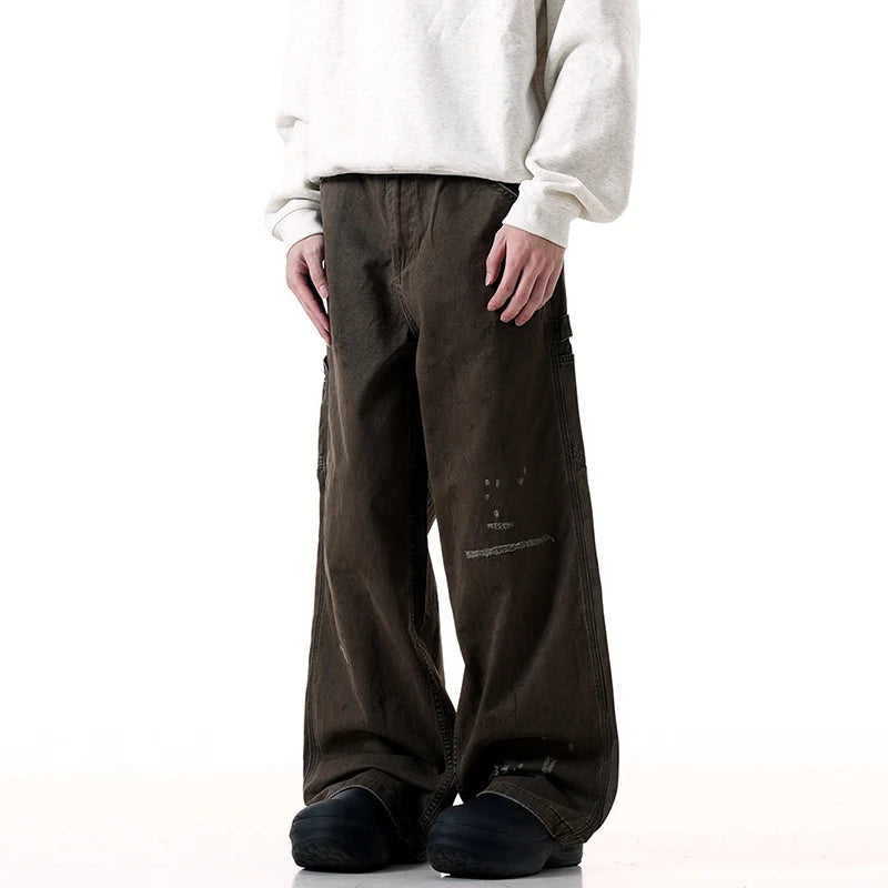 Men's Jeans New American Style Splashed Ink Denim Pants Male Solid Color Straight Wide Leg Trendy Male Trousers 9W1949