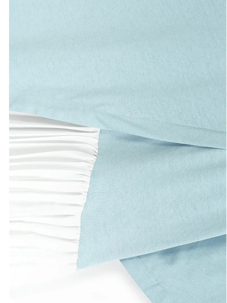 Women Blue Color-block Pleated Big Size T-shirt New Round Neck Short Sleeve Fashion Tide Spring Summer 2025 1DJ1225