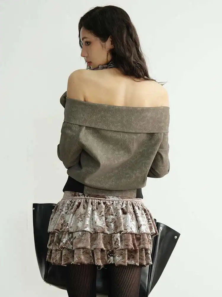 Coffee Three-dimensional Flower Elegant Jacket New Slash Neck Long Sleeve Women Coat Fashion Spring Autumn 2025 1DH8263