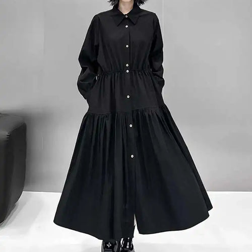 Load image into Gallery viewer, Women Black Big Size Elegant Shirt Dress Brief Pleated Hem New Lapel Long Sleeve Fashion Tide Spring Autumn 2025 1DH9327
