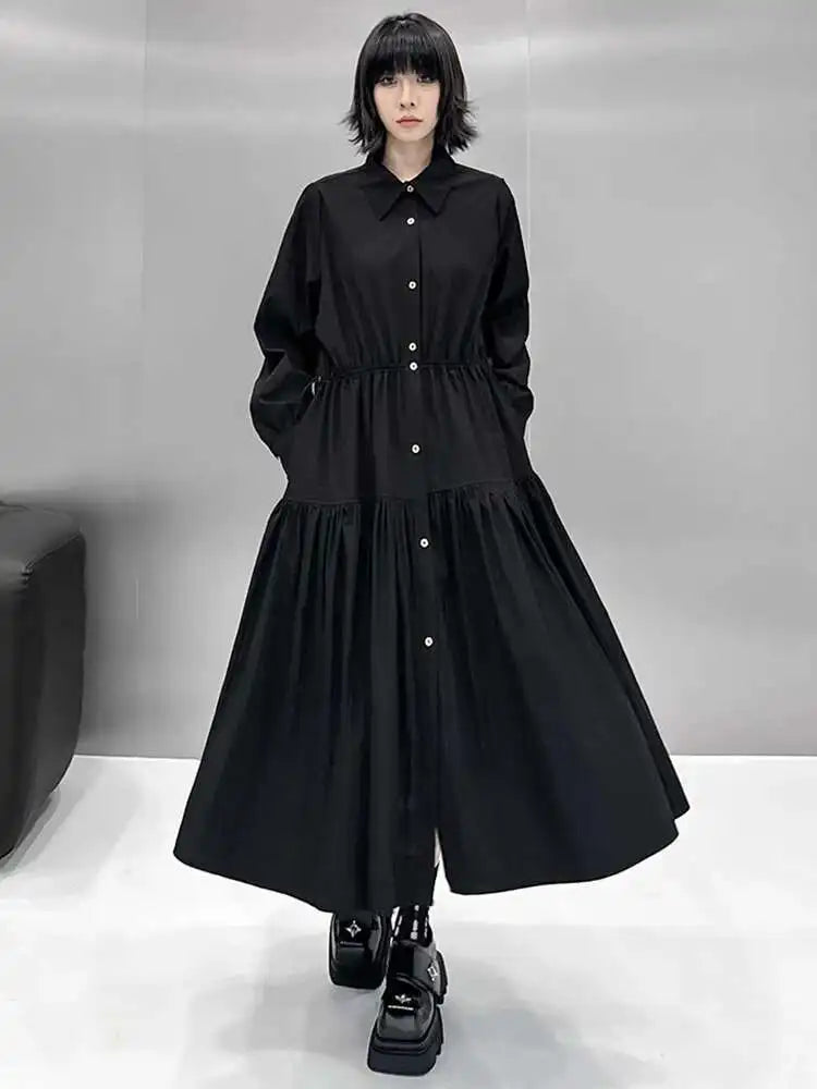 Women Black Big Size Elegant Shirt Dress Brief Pleated Hem New Lapel Long Sleeve Fashion Tide Spring Autumn 2025 1DH9327