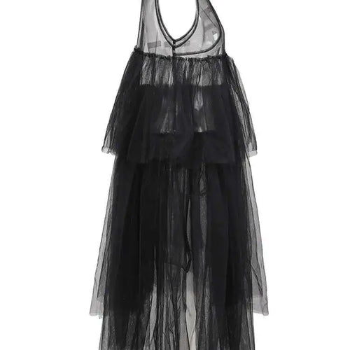 Load image into Gallery viewer, Women Black Irregular Ruffles Mesh Elegant Perspective Dress New Round Neck Sleeveless Fashion Spring Summer 2025 CPDB108

