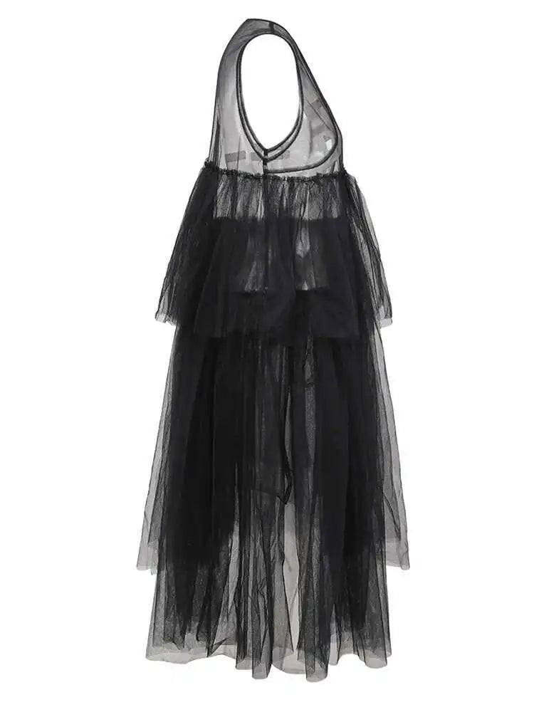 Women Black Irregular Ruffles Mesh Elegant Perspective Dress New Round Neck Sleeveless Fashion Spring Summer 2025 CPDB108