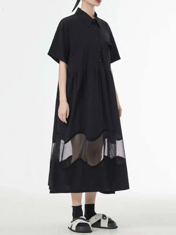 Women Blue Perspective Big Size Shirt Dress New Lapel Short Sleeve Loose Fit Fashion Tide Spring Summer 2025 1DF8791