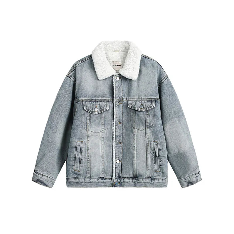 High Street Men's Denim Jacket Lamb Wool Patchwork Turn-down Collar Single Breasted Autumn Trend Cotton Male Coats 9C9085