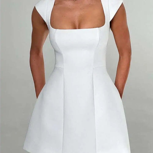 Load image into Gallery viewer, Square Collar Short Sleeve Mini Dress For Women Robe New Fashion Solid A-line Loose High Waist Short Dress Elegant
