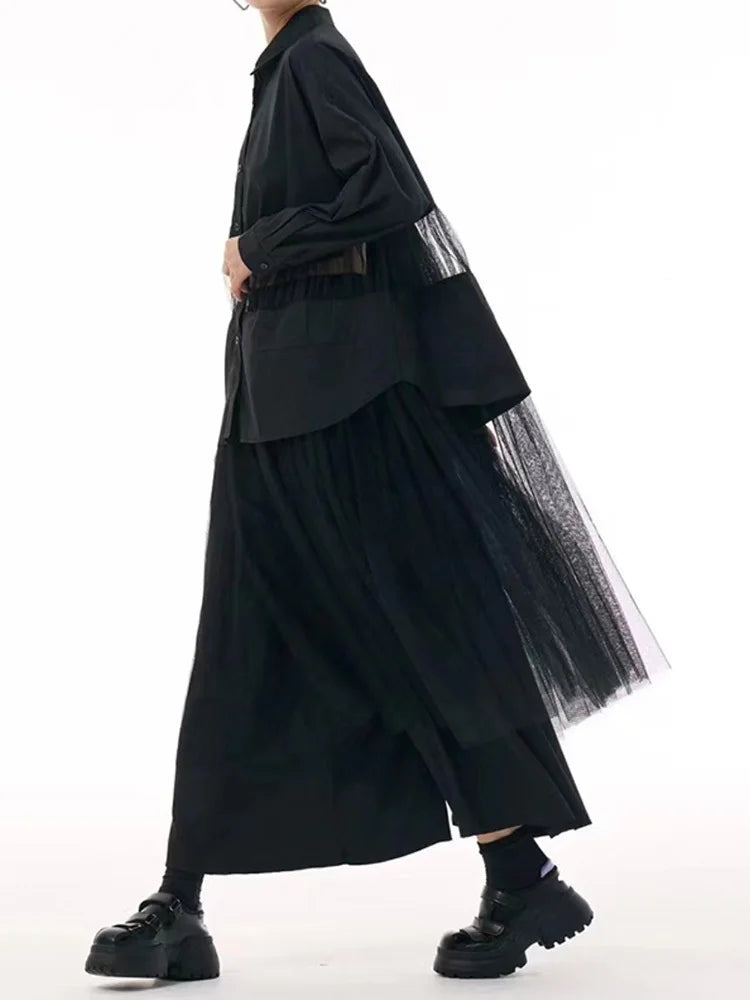 Women Black Mesh Perspective Big Size Midi Shirt Dress New Lapel Long Sleeve Fashion Tide Spring Autumn 2025 1DJ0140