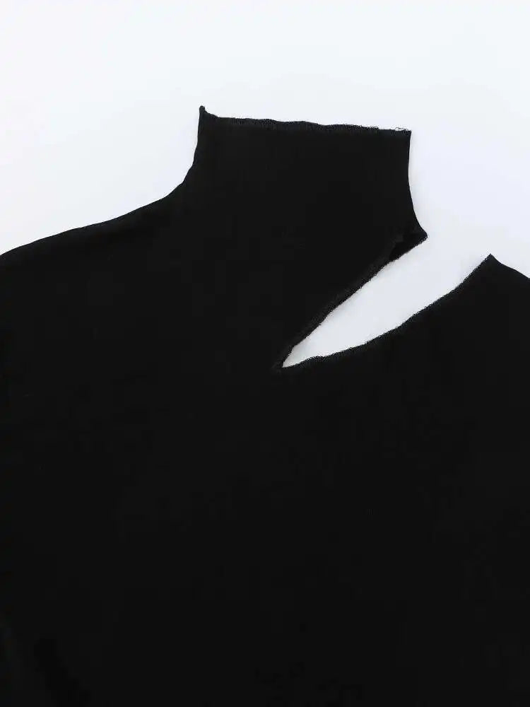 Women Black Hollow Out Slim Elegant Plain T-shirt New Turtleneck Long Sleeve Fashion Tide Spring Autumn 2025 CPDB103
