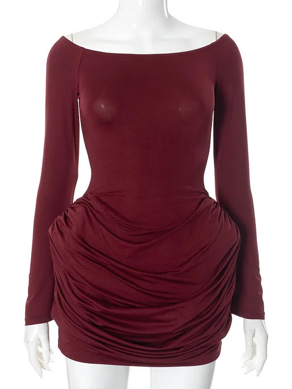 Elegant Long Sleeved Bodycon Pleated Dress Women Sexy One Shoulder  Elastic Party Evening Dress Autumn 2024 New Vestidos