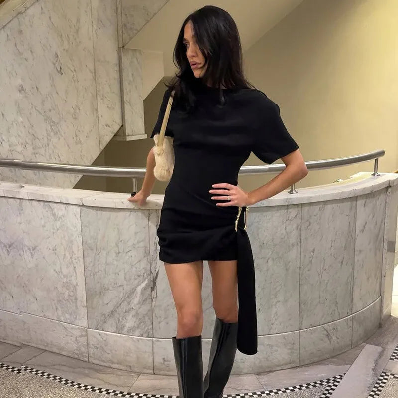 Short Sleeve Draped Sexy Mini Dress For Women Black Metal Buckle O Neck High Waist Bodycon Club Dress Vestido Clothes