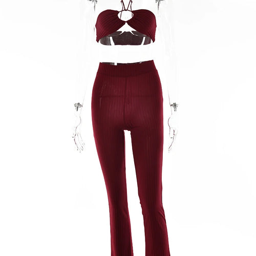 Load image into Gallery viewer, Casual Backless Two Pieces Sets Women Sexy Halter Hollow Out Top Long Flare Pant Suit Party Outfits Strapless Tracksuit
