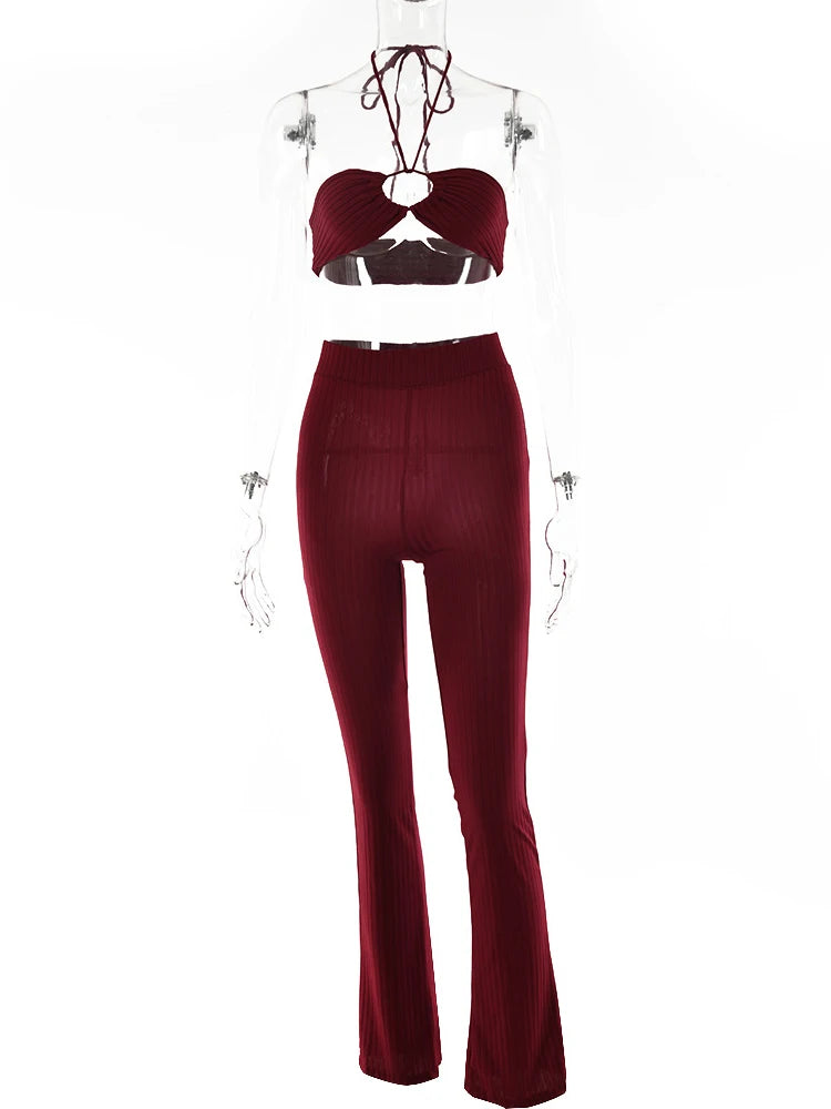 Casual Backless Two Pieces Sets Women Sexy Halter Hollow Out Top Long Flare Pant Suit Party Outfits Strapless Tracksuit