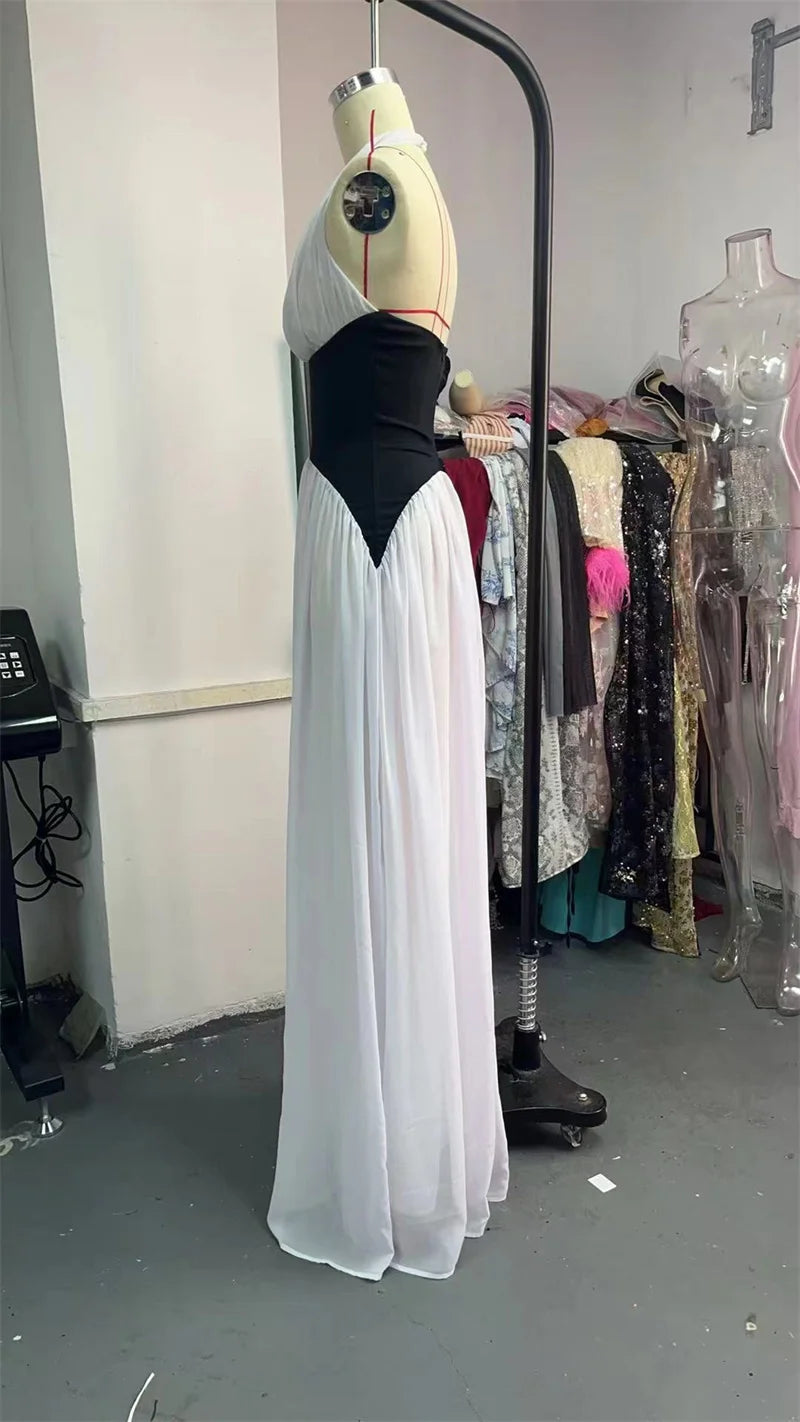 Halter Deep V Neck Backless Sexy Maxi Dress Women Gown Fashion Patchwork Sleeveless High Waist Club Party Long Dress