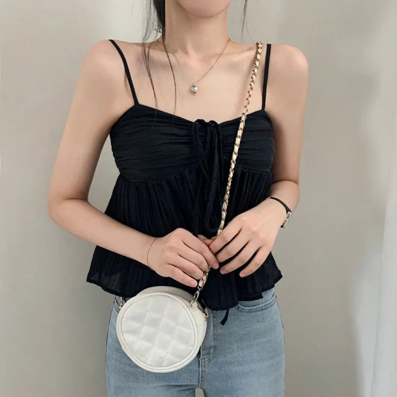 Strap Korean Style Summer Camis Tops Drawstring Fold Kawaii Y2K Front Tie-UP Mini Crop Top Female Beach Holidays Chic