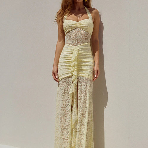 Load image into Gallery viewer, Lace Draped Ruched Sexy Maxi Dress Women Summer Patchwork Halter Sleeveless Backless Bodycon Club Long Dress Elegant
