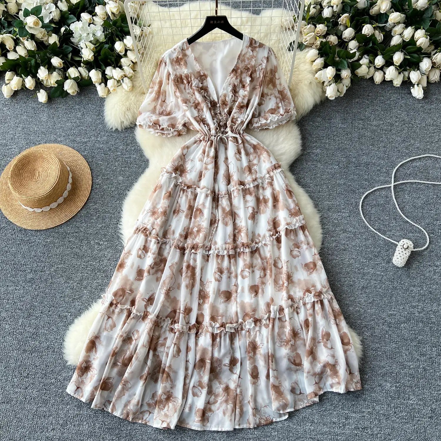 French Retro Women Floral Temperament V Neck Short Sleeved Ruffles Long Dress Summer Elegant Lace-up Party Pleated Dresses Boho