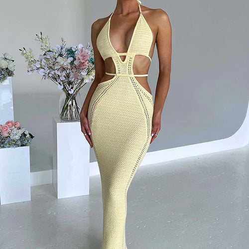 Load image into Gallery viewer, Crochet Halter Sleeveless Backless Solid Hollow Out Bandage Sexy Slim Maxi Prom Dress 2022 Winter Festival Party Outfit
