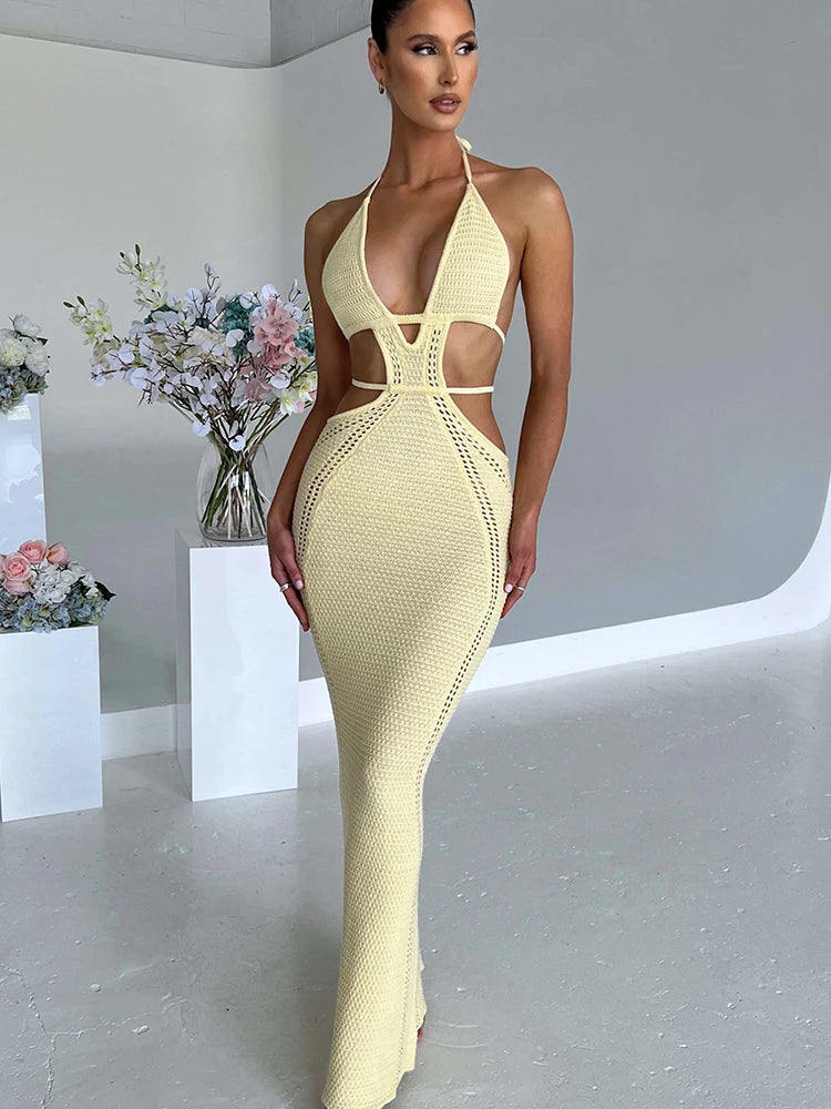 Crochet Halter Sleeveless Backless Solid Hollow Out Bandage Sexy Slim Maxi Prom Dress 2022 Winter Festival Party Outfit