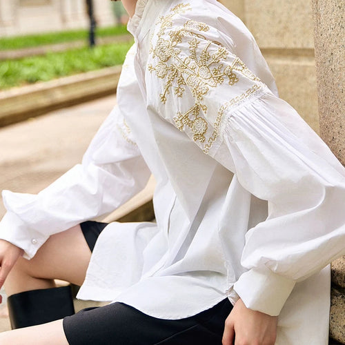 Load image into Gallery viewer, Solid Embroidery High Street Blouse For Women O Neck Long Sleeve Spliced ButtonTemperament Loose Shirts Female New
