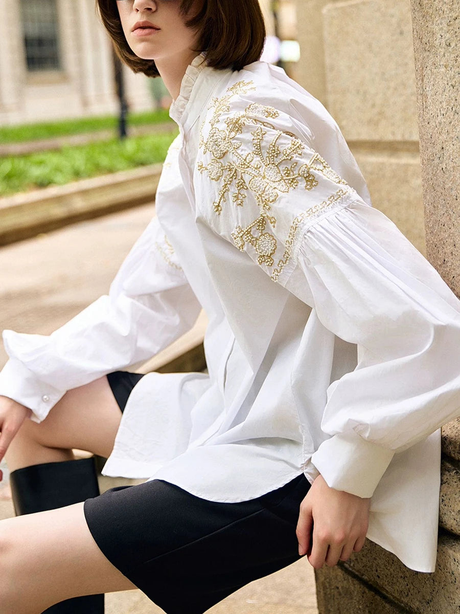 Solid Embroidery High Street Blouse For Women O Neck Long Sleeve Spliced ButtonTemperament Loose Shirts Female New