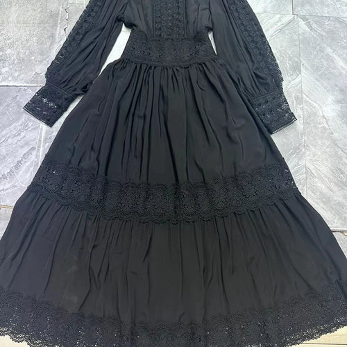 Load image into Gallery viewer, Solid  Temperament Long Dresses For Women Stand Collar Lantern Sleeve High Waist Spliced Lace Up Dress Female Fashion New
