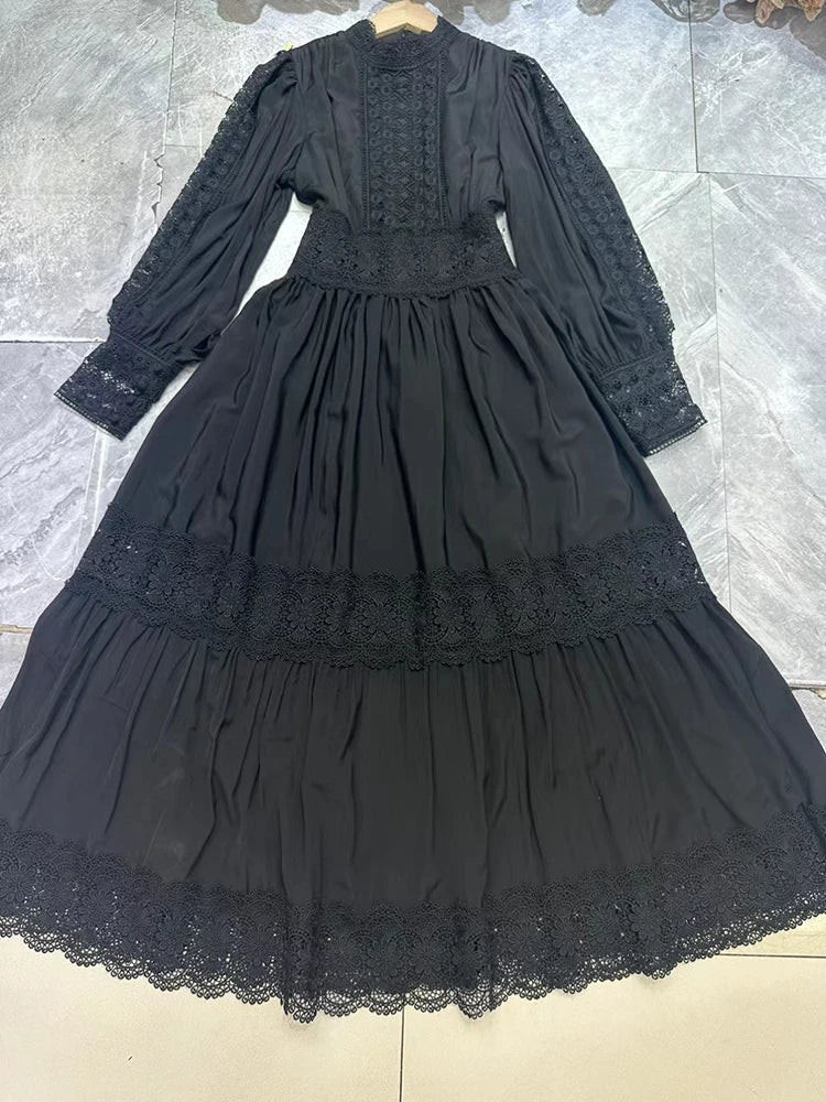 Solid  Temperament Long Dresses For Women Stand Collar Lantern Sleeve High Waist Spliced Lace Up Dress Female Fashion New