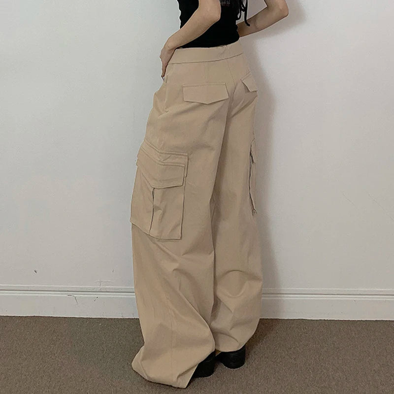 Harajuku Basic Solid Cargo Style Wide Leg Trousers Women Streetwear Tech Pockets Bagg Pants Turn-Down Waist Outfits
