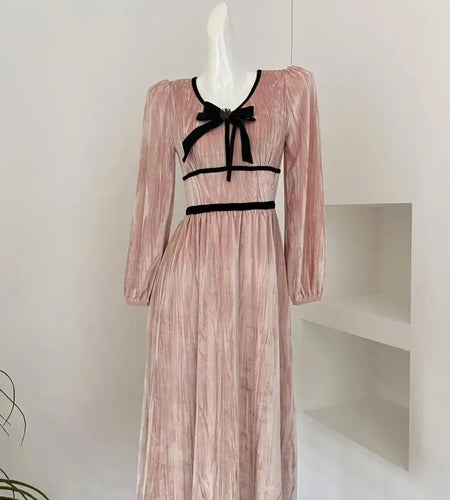 French Retro Women Pink Velvet Patchwork Slim Bow Dress Autumn Winter Long Sleeved High Waist Pleated Evening Party Dress Trendy