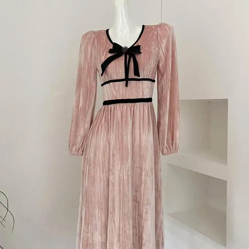 Load image into Gallery viewer, French Retro Women Pink Velvet Patchwork Slim Bow Dress Autumn Winter Long Sleeved High Waist Pleated Evening Party Dress Trendy
