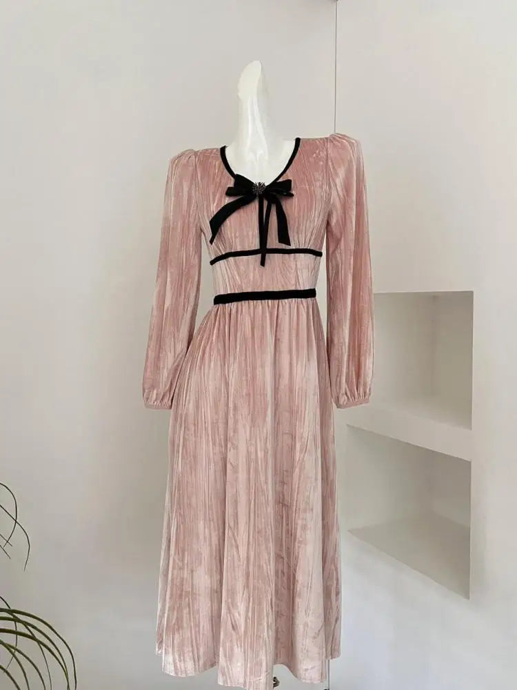 French Retro Women Pink Velvet Patchwork Slim Bow Dress Autumn Winter Long Sleeved High Waist Pleated Evening Party Dress Trendy