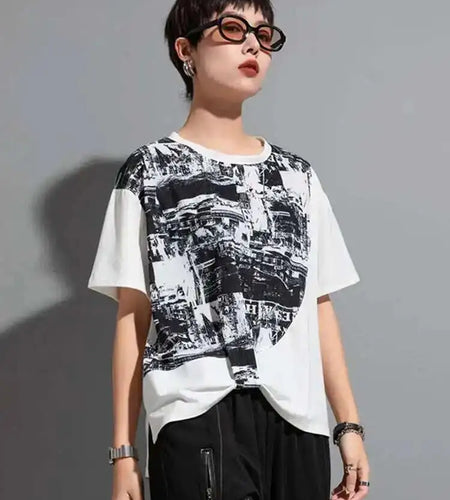 Women Black Printed Irregular Pleated Big Size T-shirt New Round Neck Short Sleeve Fashion Tide Spring Summer 2025 1DF8956