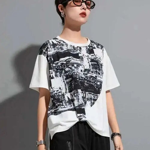 Load image into Gallery viewer, Women Black Printed Irregular Pleated Big Size T-shirt New Round Neck Short Sleeve Fashion Tide Spring Summer 2025 1DF8956
