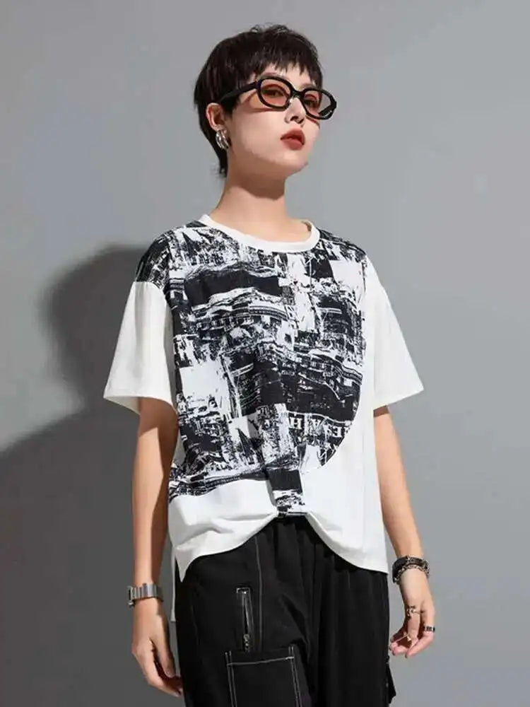 Women Black Printed Irregular Pleated Big Size T-shirt New Round Neck Short Sleeve Fashion Tide Spring Summer 2025 1DF8956