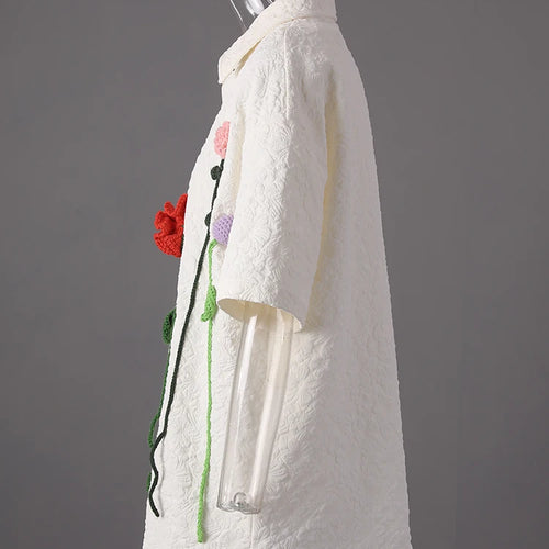 Load image into Gallery viewer, Women Beige Jacquard 3d Flower Big Size Elegant Blouse New Lapel Short Sleeve Shirt Fashion Spring Summer 2025 CPG3212
