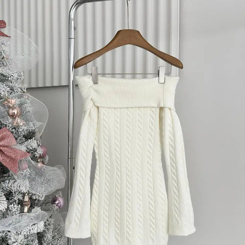 Load image into Gallery viewer, Autumn Winter Korean White Off Shoulder Slim Long Sleeve Twisted Short Dress Women Festival Backless Wrap Hip Knitted Dress Chic
