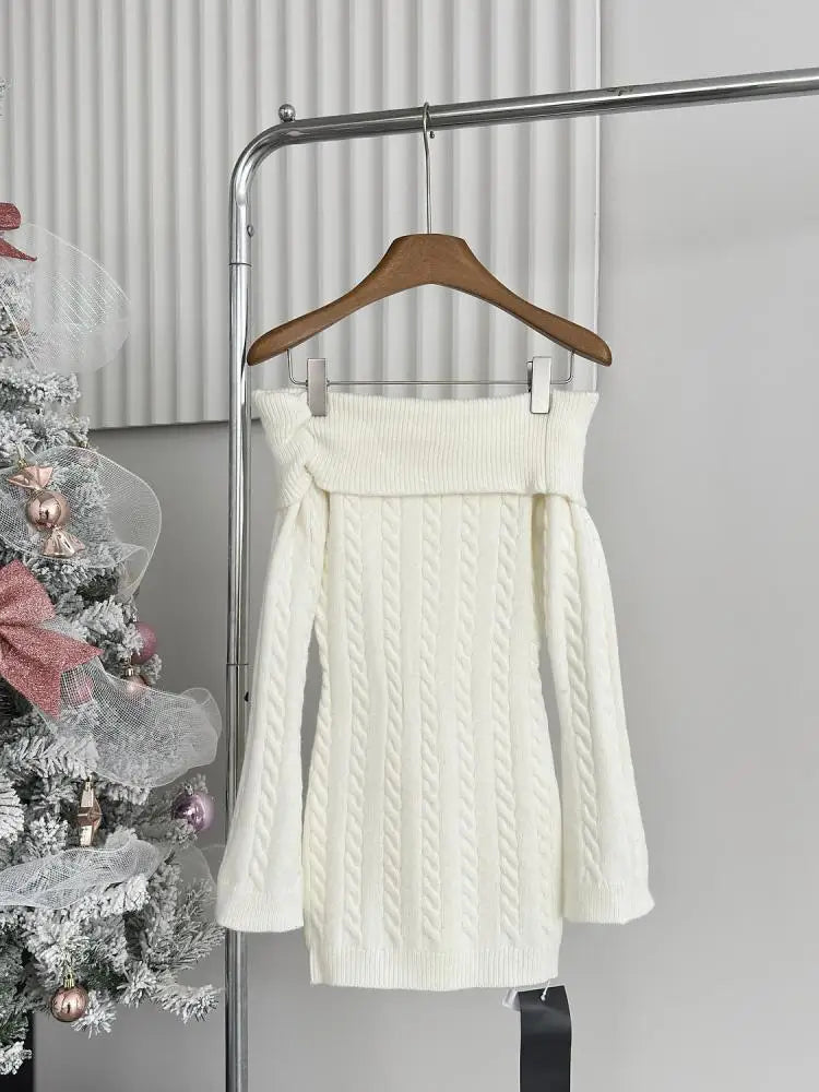 Autumn Winter Korean White Off Shoulder Slim Long Sleeve Twisted Short Dress Women Festival Backless Wrap Hip Knitted Dress Chic