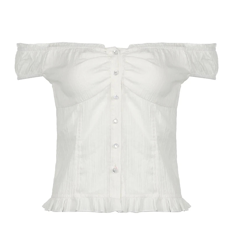 Fashion Chic White Off Shoulder Women Tops Blouse Ruched Buttons-Up Folds Korean Style Summer Shirt Cardigan Clothing