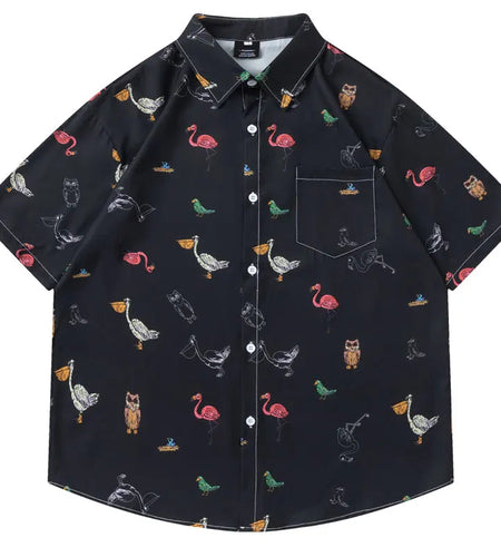 Men Hawaiian Shirts Cartoon Birds Graphic Printed Button Up Short Sleeve Beach Blouse Summer Harajuku Casual Baggy Shirt Tops