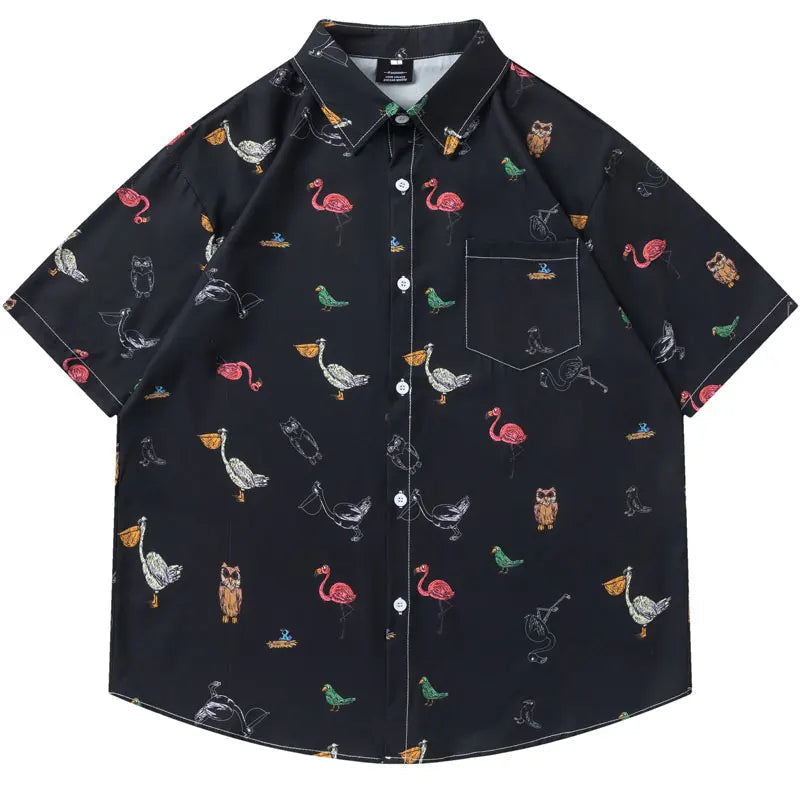 Men Hawaiian Shirts Cartoon Birds Graphic Printed Button Up Short Sleeve Beach Blouse Summer Harajuku Casual Baggy Shirt Tops
